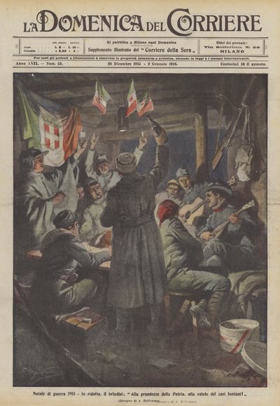 Oorlogskerstmis 1915, in de schuilplaats, de toast, op de grootheid van het vaderland, op de gezondheid van de geliefden ver weg! door Achille Beltrame