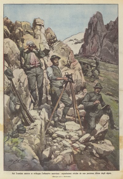 In Trentino tijdens het Oostenrijkse offensief, optische signalen vanuit een door de alpini verdedigde positie door Achille Beltrame