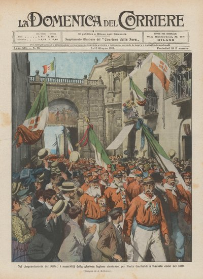Op de vijftigste verjaardag van de Mille, de overlevenden van het glorieuze legioen keren terug door Porta Garibaldi door Achille Beltrame