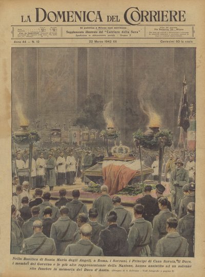 In de Basiliek van Santa Maria degli Angeli, in Rome, de Soevereinen, de Prinsen van het Huis van Savoye, de Duce ? door Achille Beltrame