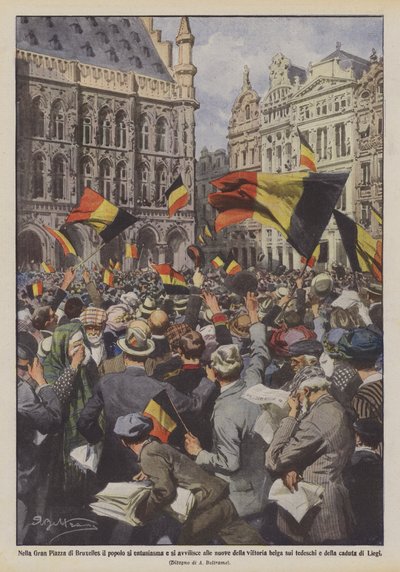 Op het Grote Marktplein van Brussel juicht en treurt het volk bij het nieuws van de Belgische overwinning op de Duitsers en de val van Luik door Achille Beltrame