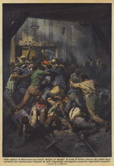 In de brandende mijn van Waterschei-sous-Genk (België), de scène van terreur rond de kooien door Achille Beltrame