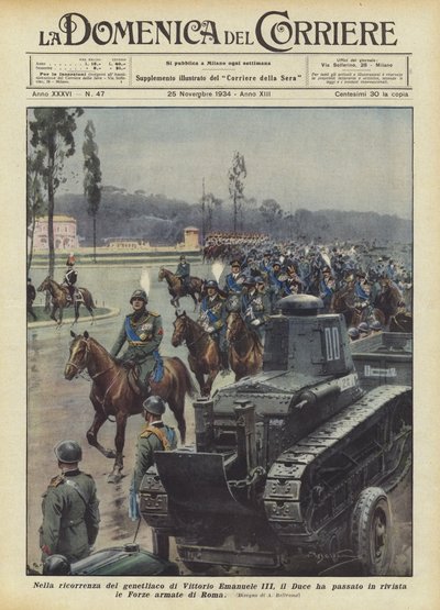 Ter gelegenheid van de verjaardag van Victor Emanuel III, inspecteerde de Duce de strijdkrachten van Rome door Achille Beltrame
