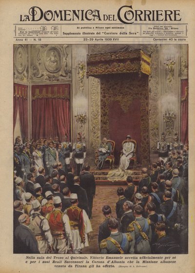 In de troonzaal van het Quirinaal, accepteert Vittorio Emanuele officieel voor zichzelf en zijn door Achille Beltrame