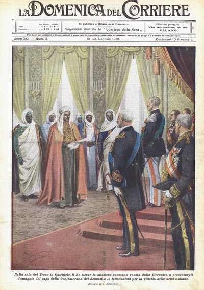 In de Troonzaal in Quirinaal ontvangt de koning de Senussitische missie uit Cyrenaica door Achille Beltrame