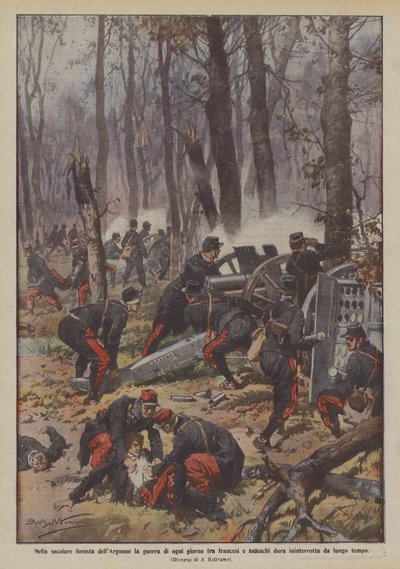 In het eeuwenoude bos van de Argonne, de dagelijkse oorlog tussen Fransen en Duitsers gaat door door Achille Beltrame