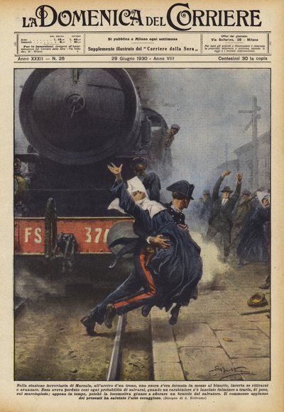 Op het treinstation van Marsala, bij aankomst van een trein, bleef een non midden op het spoor staan door Achille Beltrame
