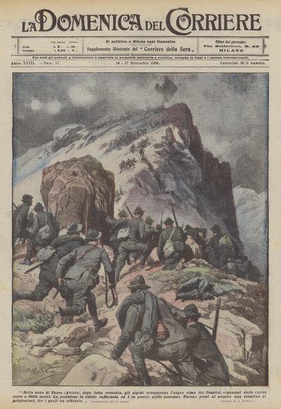 In de Fassa-regio (Avisio), na hevige strijd, bezetten de alpini de ruige top van de Cauriol door Achille Beltrame