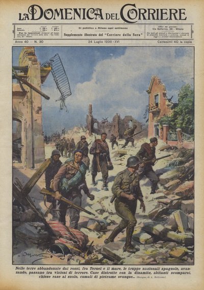 In de verlaten gebieden door de roodhemden, tussen Teruel en de zee, rukken de Spaanse nationale troepen op door Achille Beltrame