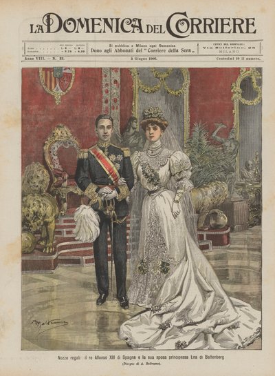 Koninklijk huwelijk, koning Alfonso XIII van Spanje en zijn bruid prinses Ena van Battenberg door Achille Beltrame