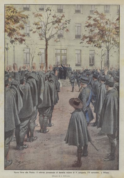 Nieuwe krachten voor het vaderland, de plechtige eed van tweeduizend rekruten van de 3e categorie, 11 november, in Milaan door Achille Beltrame