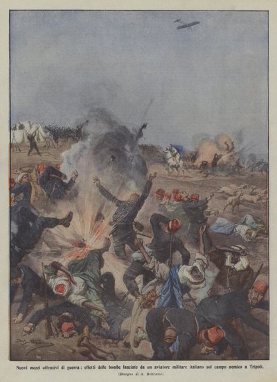Nieuwe offensieve middelen van de oorlog, effecten van de bommen geworpen door een Italiaanse militaire piloot op door Achille Beltrame