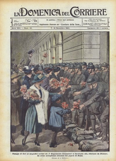 Bloemenhulde aan de magnifieke soldaten van het 1e Regiment Grenadiers van Sardinië door Achille Beltrame