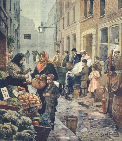 Een van de meest karakteristieke straten van de Italiaanse wijk, Soffron Hill, Londen, door Achille Beltrame (1871-1945) uit La Domenica del Corriere door Achille Beltrame