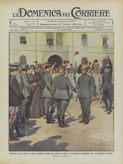 Eerbetoon aan een dappere, de heroïsche bersagliere Benna met zijn moeder naast hem wordt voorgesteld aan de kameraden door Achille Beltrame