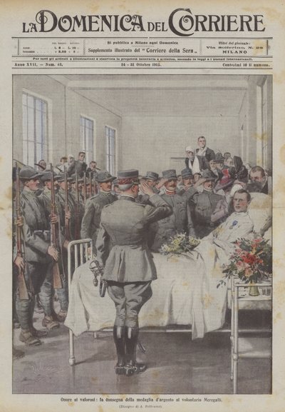 Eer aan de dapperen, de uitreiking van de zilveren medaille aan vrijwilliger Meregalli door Achille Beltrame