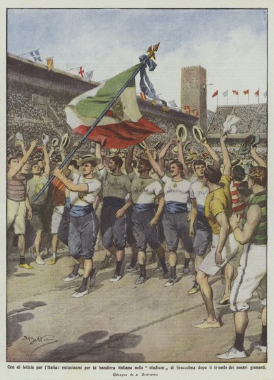 Uren van vreugde voor Italië, enthousiasme voor de Italiaanse vlag in het stadion van Stockholm na door Achille Beltrame