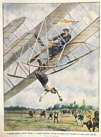 Orville Wright en luitenant Seliridge storten neer met tweedekker vanaf dertig meter, Verenigde Staten van Amerika, illustratie door Achille Beltrame uit La Domenica del Corriere, 11 oktober door Achille Beltrame