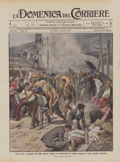 Onbekende helden, moedigen die mensen redden uit de brandende zwavelmijn van Casteltermini door Achille Beltrame