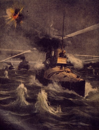 Onze torpedoboten maken een gedurfde inval in de Dardanellen onder vijandelijk vuur, illustratie uit La Domenica del Corriere door Achille Beltrame