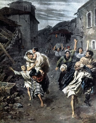 Paniek in Reggio Calabria na de aardbeving van 1908. Illustratie door Beltrame. 1908 door Achille Beltrame