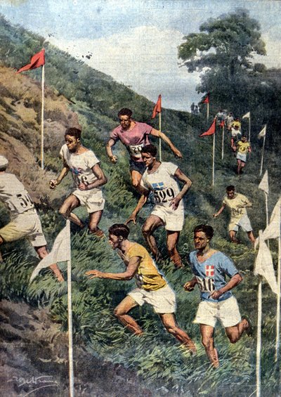 Olympische Spelen van Parijs: hardlopen met natuurlijke obstakels: cross-country. Illustratie van Beltrame. La Domenica del Corriere door Achille Beltrame