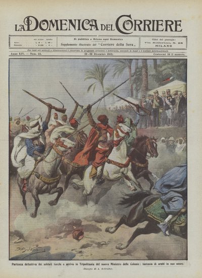 Definitief vertrek van de Turkse soldaten en aankomst in Tripolitanië van de nieuwe minister van Koloniën... door Achille Beltrame