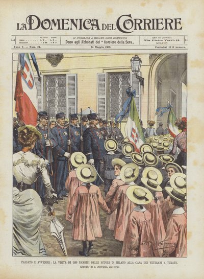 Verleden en toekomst, het bezoek van 1500 schoolkinderen uit Milaan aan het veteranenhuis in Turate door Achille Beltrame