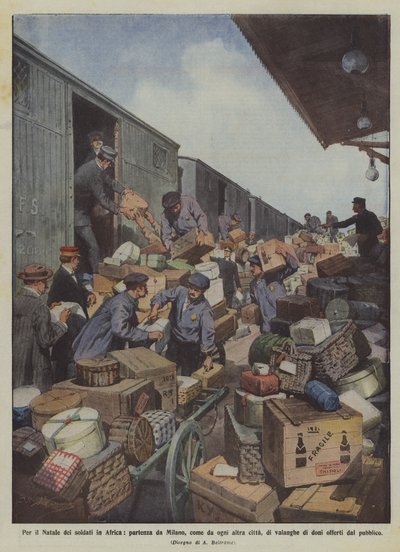 Voor de kerst van de soldaten in Afrika, vertrek uit Milaan, zoals uit elke andere stad, van lawines door Achille Beltrame