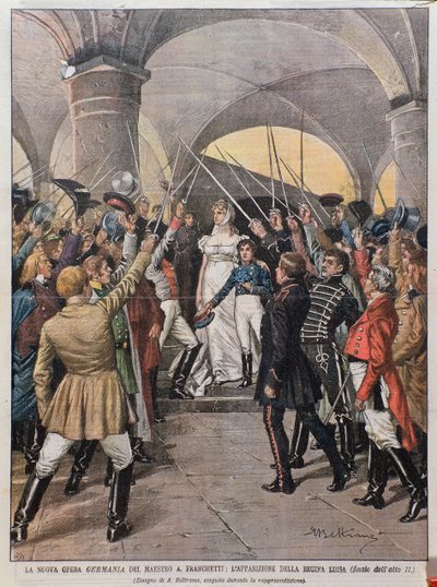 Uitvoering van de opera Germania door Alberto Franchetti (1860-1942) in het Teatro alla Scala in Milaan in 1902. door Achille Beltrame