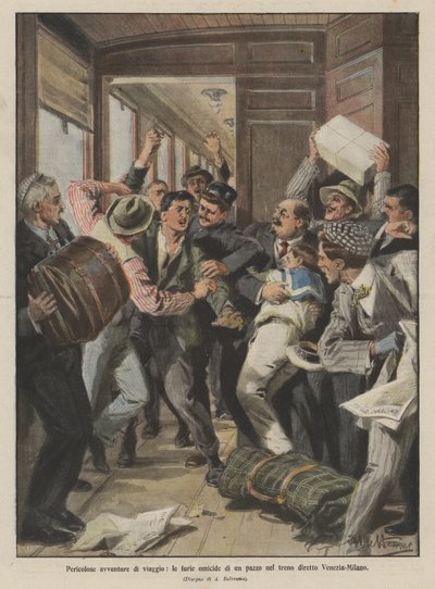 Gevaarlijke reisavonturen, de moorddadige woede van een gek in de trein naar Venetië-Milaan door Achille Beltrame