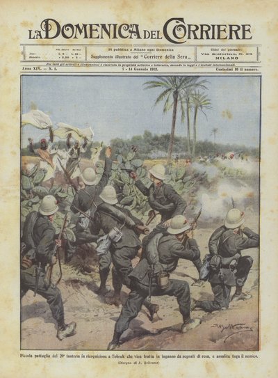 Kleine patrouille van het 20e infanterieregiment op verkenning in Tobruk die wordt misleid door signalen ? door Achille Beltrame