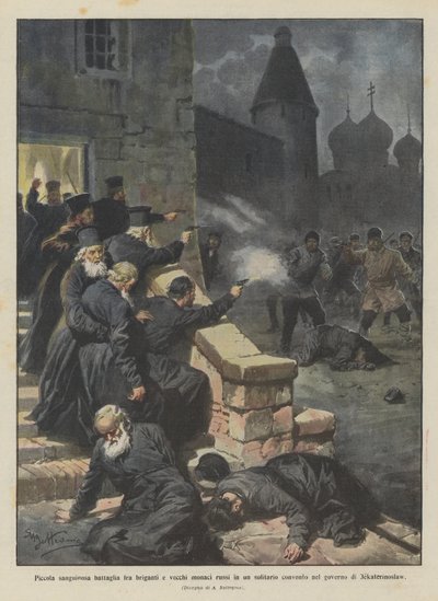 Kleine bloedige strijd tussen bandieten en oude Russische monniken in een eenzaam klooster door Achille Beltrame