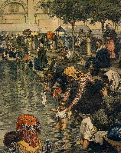 Bedevaart naar Caravaggio: Baden in wonderbaarlijke wateren, door Achille Beltrame, uit La Domenica del Corriere door Achille Beltrame