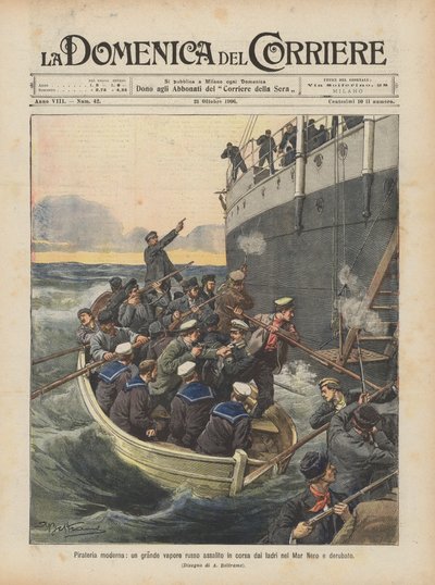 Moderne piraterij, een groot Russisch stoomschip overvallen door dieven in de Zwarte Zee en beroofd door Achille Beltrame