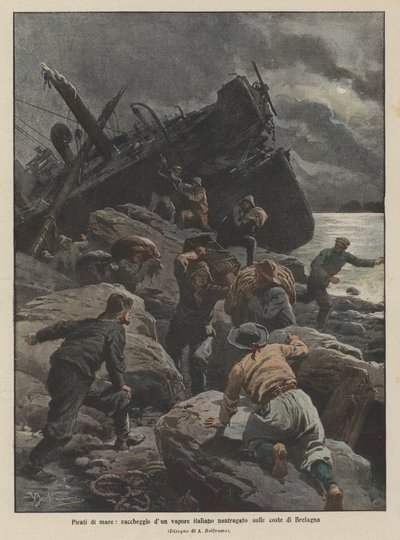 Zeerovers, plundering van een Italiaans stoomschip dat schipbreuk leed aan de kust van Bretagne door Achille Beltrame