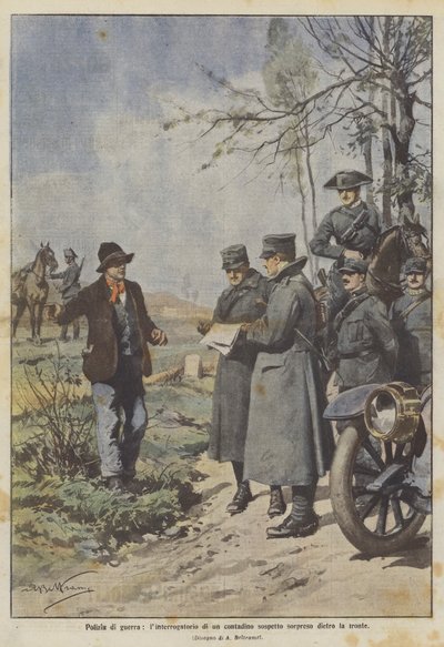 Oorlogspolitie, het verhoor van een verdachte boer betrapt achter het front door Achille Beltrame