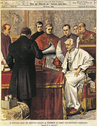 Paus Leo XIII leest zegen in grammofoon, door Achille Beltrame, uit La Domenica del Corriere, 29 maart 1903 door Achille Beltrame