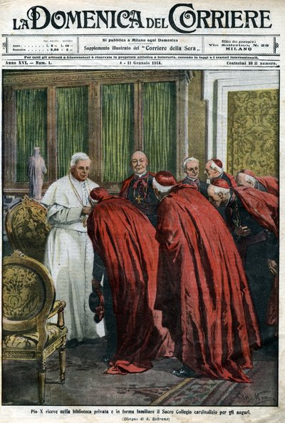 Paus Pius X ontvangt de kardinalen in zijn bibliotheek voor de nieuwjaarswens. Omslag van de Domenica del Corriere van 4 januari door Achille Beltrame