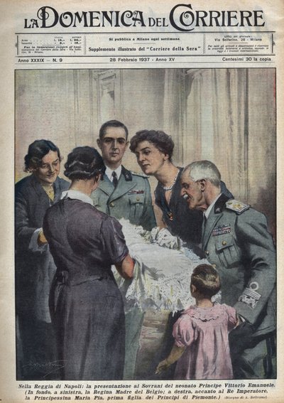 Presentatie van prins Vittorio Emanuele, baby, aan de vorsten, links de koningin-moeder van de Belgen Elisabeth van Beieren (1876-1965), rechts Victor-Emmanuel III van Savoye, en op de achtergrond Vader door Achille Beltrame
