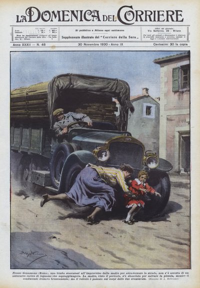 Bij Genazzano (Rome), een meisje dat plotseling van haar moeder wegliep om over te steken... door Achille Beltrame