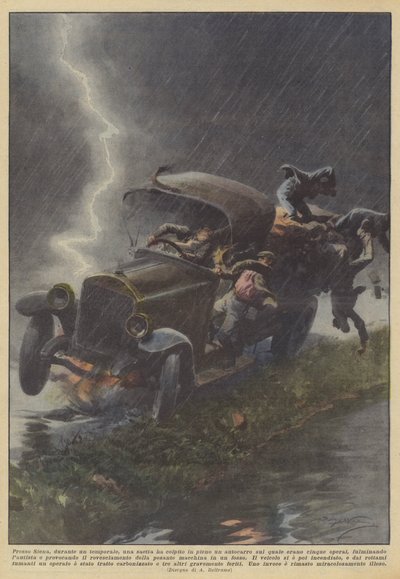 Bij Siena, tijdens een storm, werd een vrachtwagen vol geraakt door een bliksemschicht door Achille Beltrame