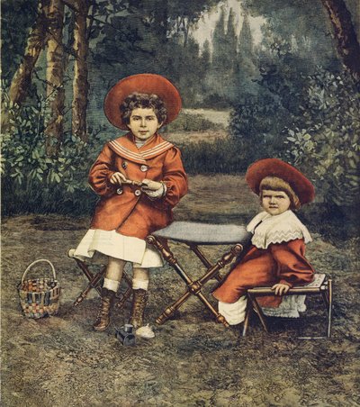 Prinsessen Jolanda en Mafalda, dochters van de koning, in de tuinen van Quirinale (illustratie) door Achille Beltrame