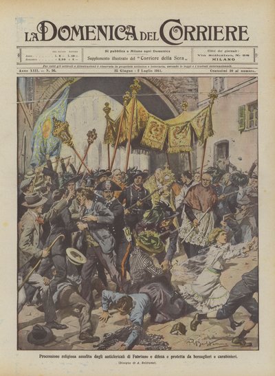 Religieuze processie aangevallen door antiklerikalen van Fabriano en verdedigd en beschermd door bersaglieri en carabinieri door Achille Beltrame