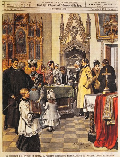 Openbare petitie tegen echtscheiding in sacristie, door Achille Beltrame, illustratie, Illustrator Achille Beltrame (1871-1945), uit La Domenica del Corriere, 9 februari 1902 door Achille Beltrame
