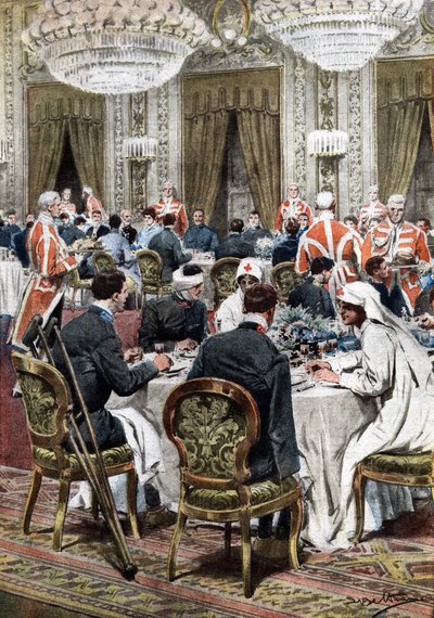 Koningin van Italië Helena (Elena) van Montenegro ontving 140 oorlogsslachtoffers van het Quirinale Ziekenhuis op een weelderig banket. De gasten lunchten met de vorsten, de prinsen, de hertog van Genua, de hertogin van Aosta en generaal Diaz. Ill. de Belt door Achille Beltrame