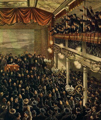Spoorstaking in Milaan, door Achille Beltrame, illustratie, Illustrator Achille Beltrame (1871-1945), uit La Domenica del Corriere, 30 april 1905 door Achille Beltrame