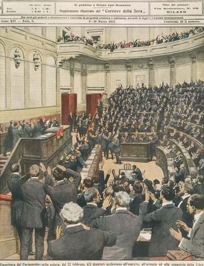 Heropening van het Italiaanse Parlement op de avond van 22 februari, juichen van het leger na succesvolle campagne in Libië, door Achille Beltrame, illustratie, Illustrator Achille Beltrame, uit La Domenica del Corriere, 3 maart 1912 door Achille Beltrame