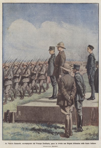 Koning Victor Emanuel, vergezeld door de kroonprins, inspecteert een brigade door Achille Beltrame