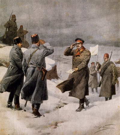 Hervatting van de oorlog, Turkse parlementariër arriveert in Bulgaars kamp met bericht over einde van wapenstilstand, door Achille Beltrame, illustratie uit La Domenica del Corriere, 9 februari door Achille Beltrame